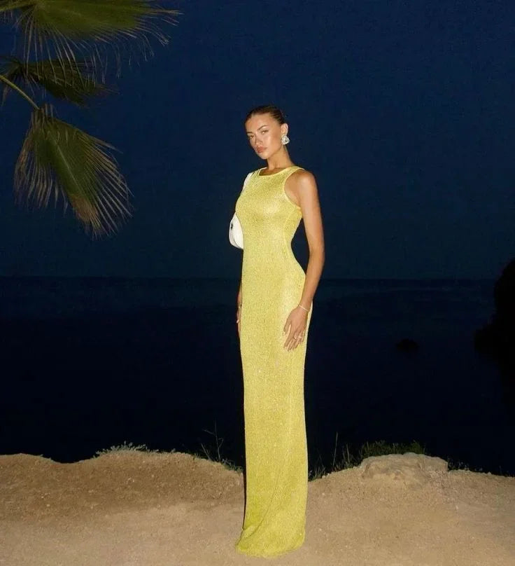 Robe Longue Scintillante Sans Manches Encolure Plongeante | ROBEMODE