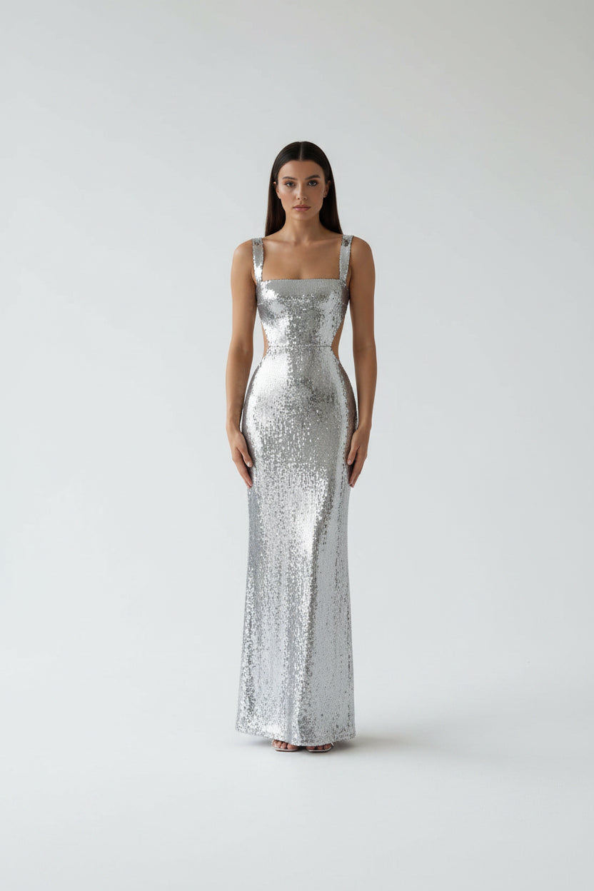 Robe Longue Sequins Dos Nu Bretelles Larges Soirée 2 Coloris | ROBEMODE