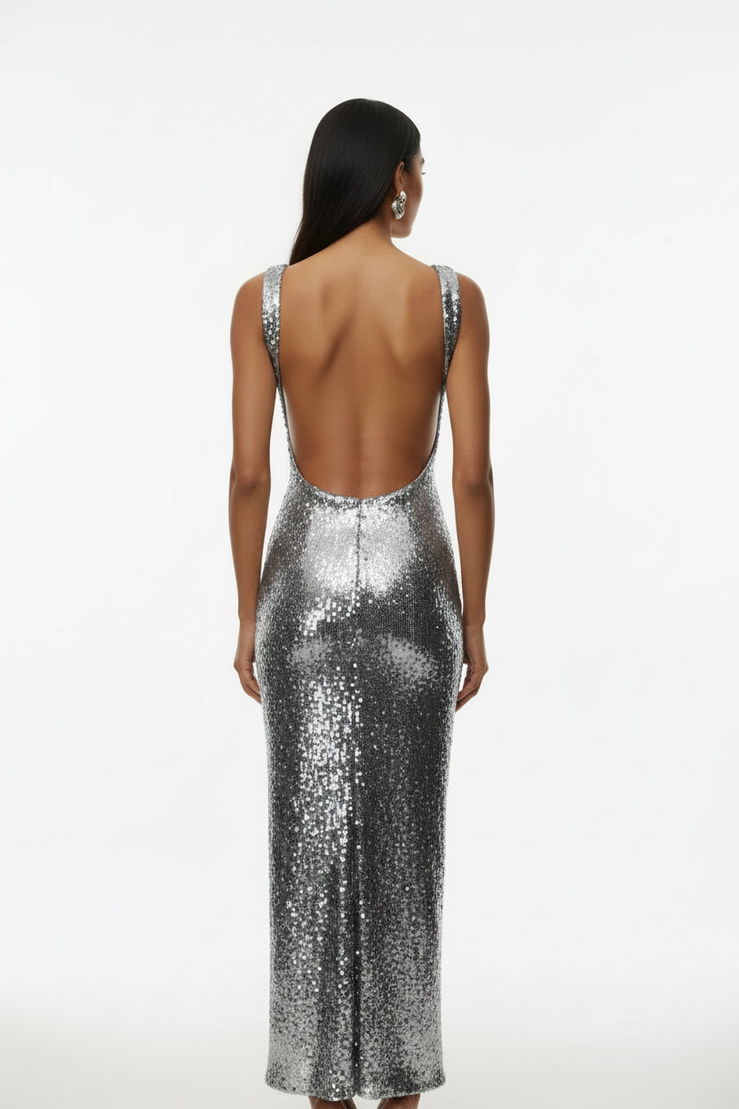 Robe Longue Sequins Dos Nu Bretelles Larges Soirée 2 Coloris | ROBEMODE