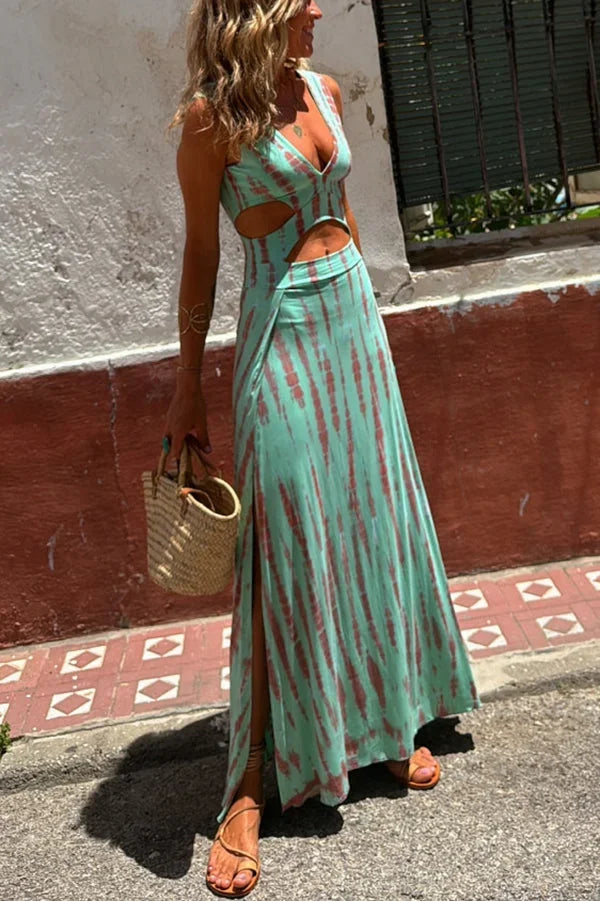 Robe longue femme tie-dye avec découpe et col en V | ROBEMODE
