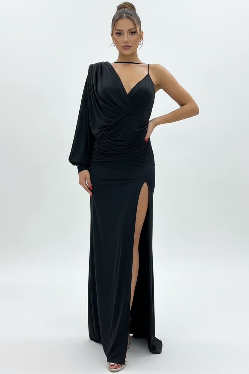 Robe soirée longue une épaule fendue avec drapé | ROBEMODE
