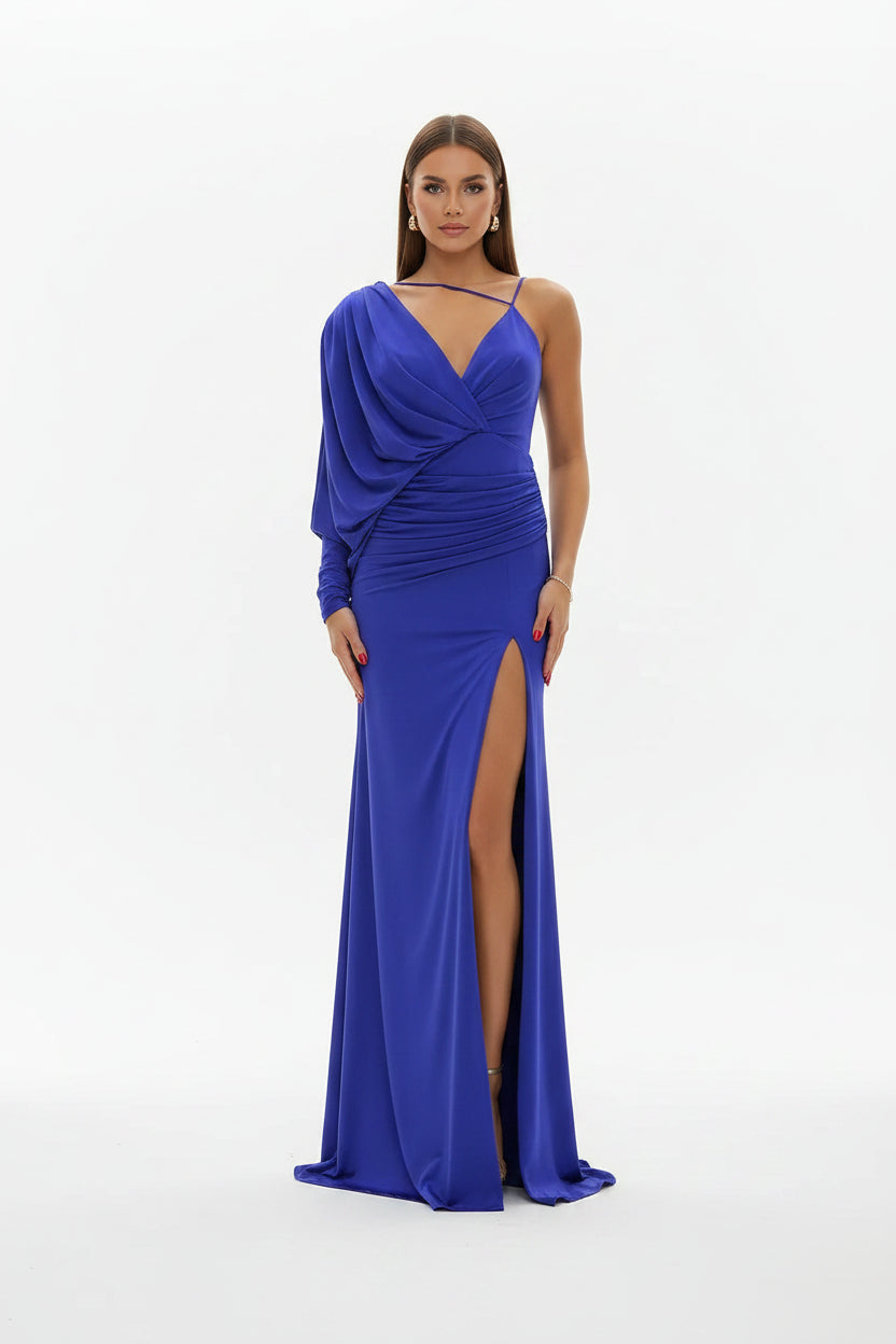 Robe soirée longue une épaule fendue avec drapé | ROBEMODE