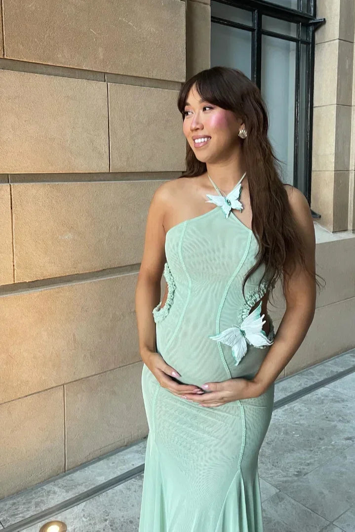 Robe longue menthe col licou découpes soirée été | Coupe féminine + Style élégant + Facile à accessoiriser – ROBEMODE