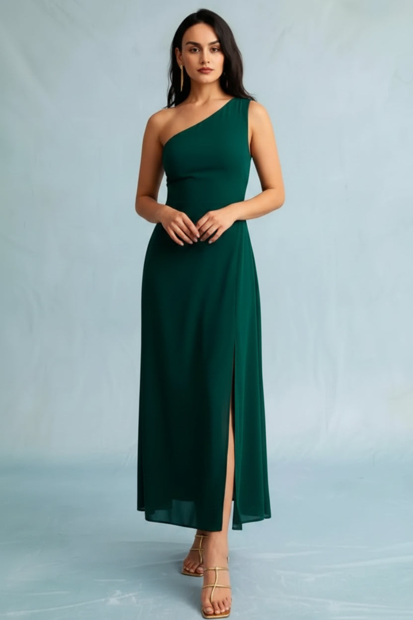 Robe longue femme verte avec encolure asymétrique fente | Coupe féminine + Style élégant + Facile à accessoiriser – ROBEMODE