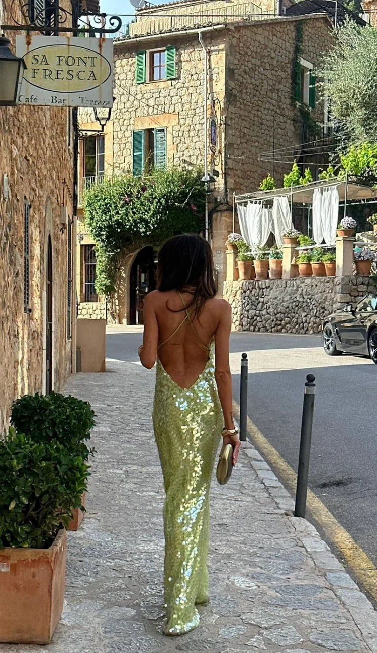 Robe Longue Sequins Verts Dos Nu Femme | Bretelles Fines Glamour Soirée | ROBEMODE