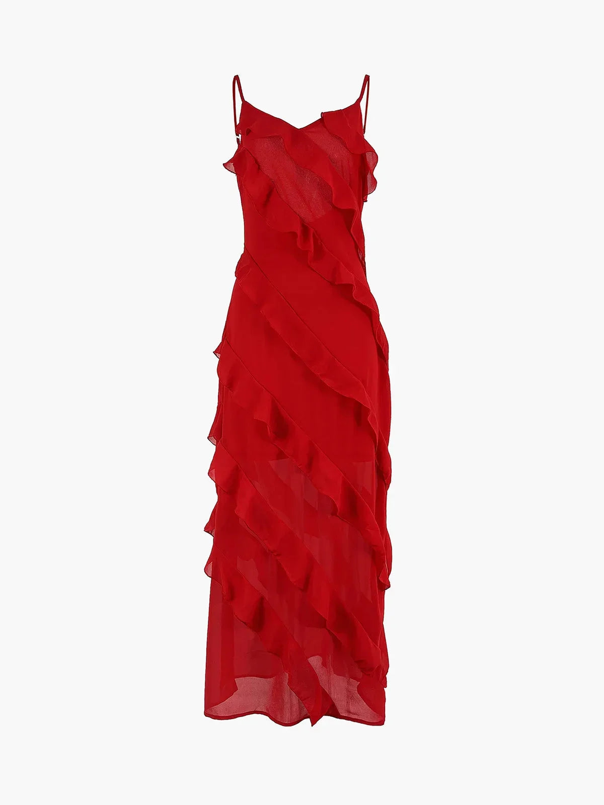 Robe longue volants asymétriques fines bretelles rouge | ROBEMODE