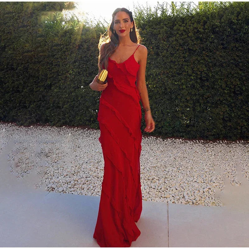 Robe longue volants asymétriques fines bretelles rouge | ROBEMODE