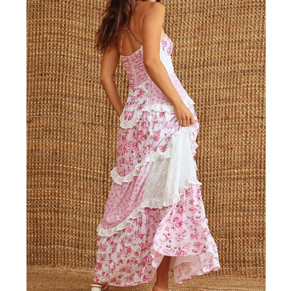 Robe Longue Femme Été Patchwork Floral Bretelles Fines Bohème | ROBEMODE