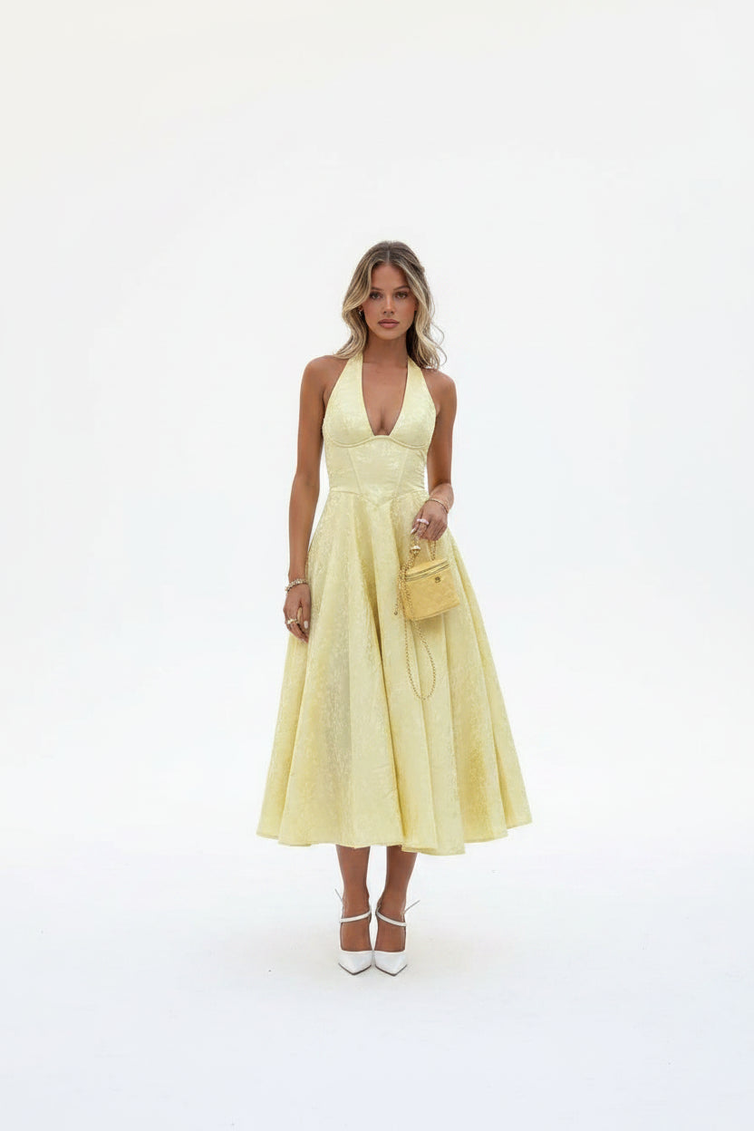 Robe Midi Jaune Dos Nu Jupe Plissée Soirée Été | ROBEMODE