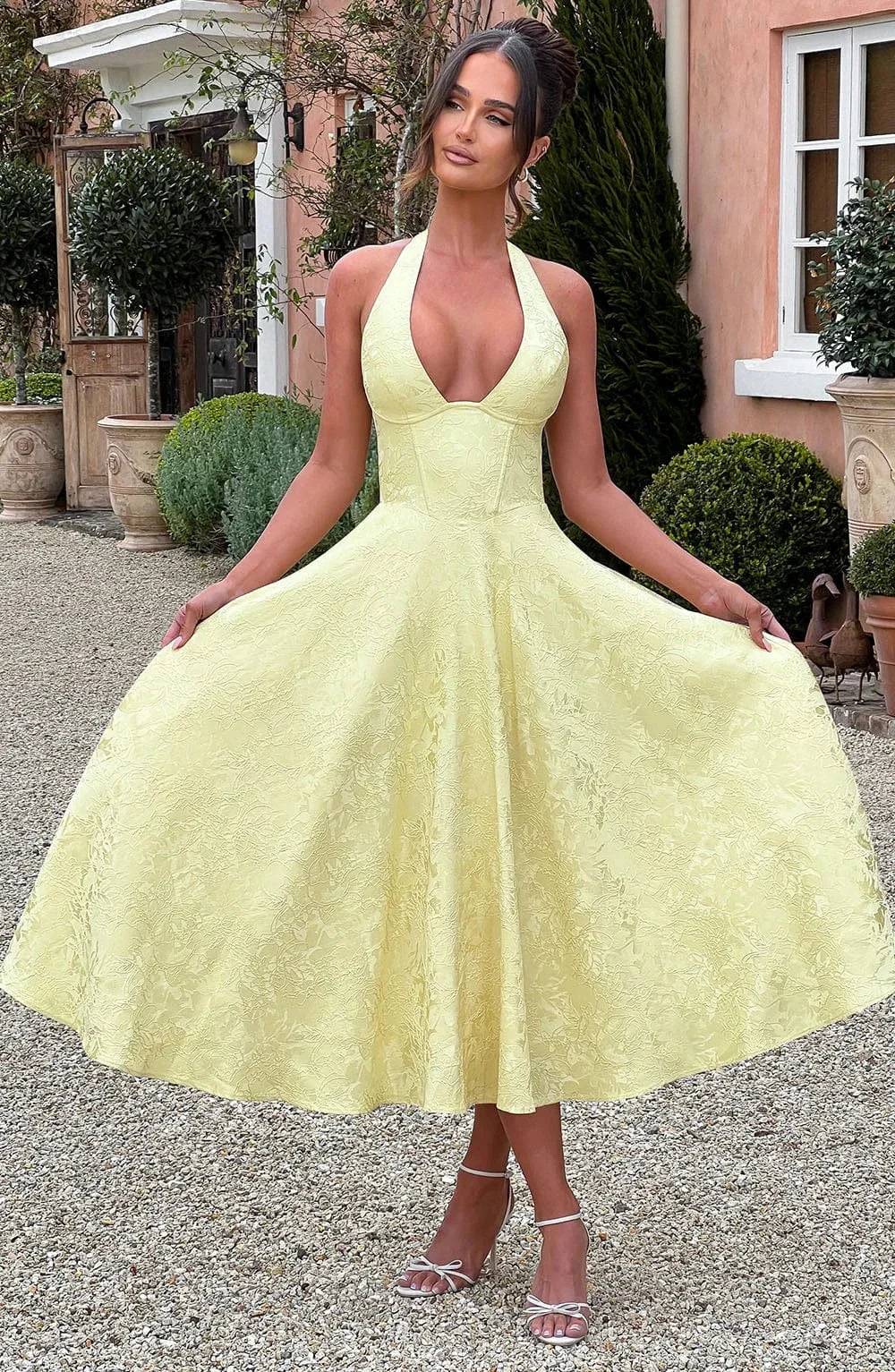 Robe Midi Jaune Dos Nu Jupe Plissée Soirée Été | ROBEMODE