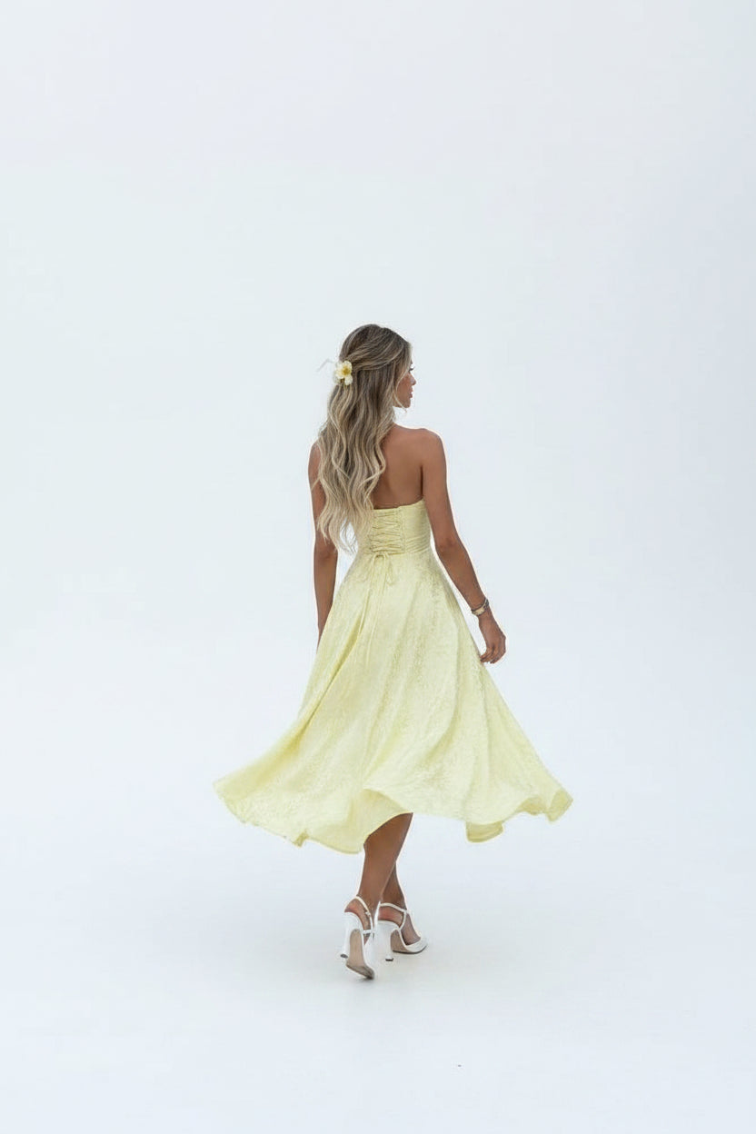 Robe Midi Jaune Dos Nu Jupe Plissée Soirée Été | ROBEMODE