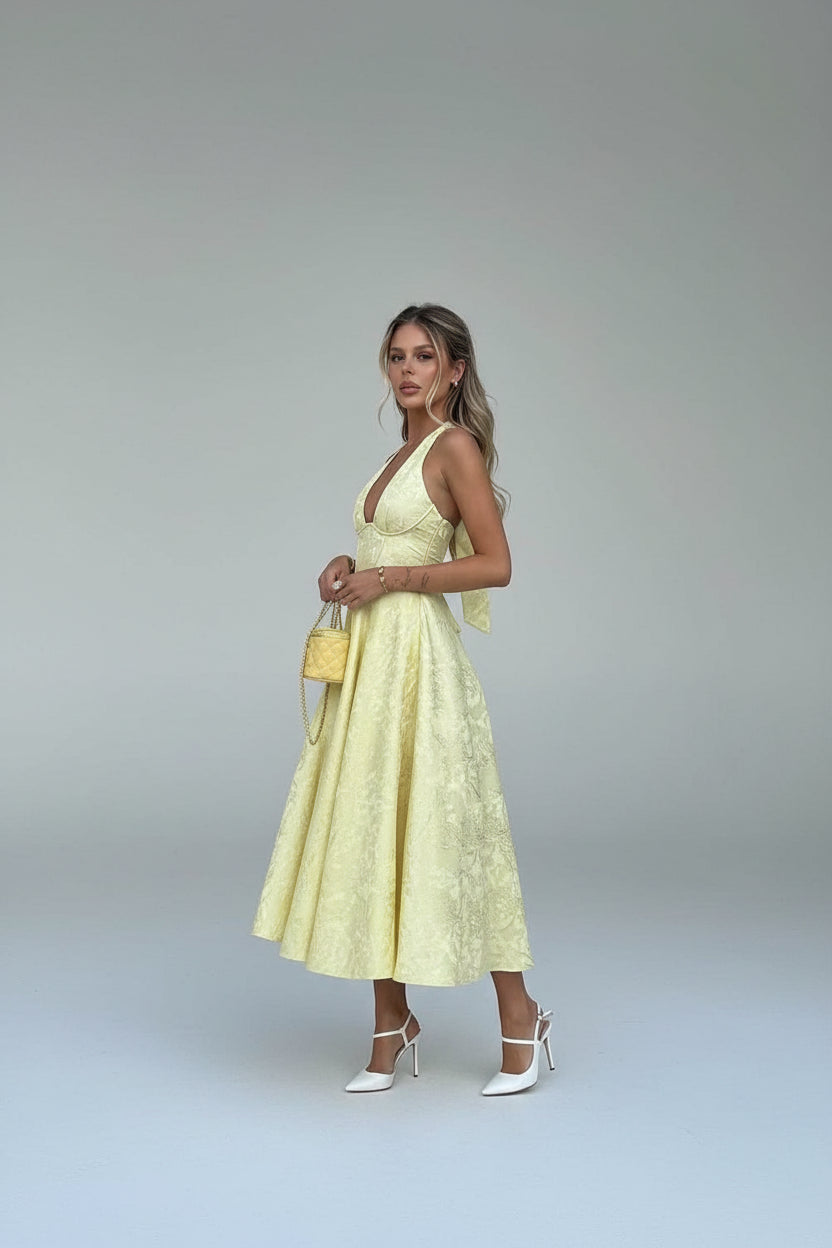 Robe Midi Jaune Dos Nu Jupe Plissée Soirée Été | ROBEMODE