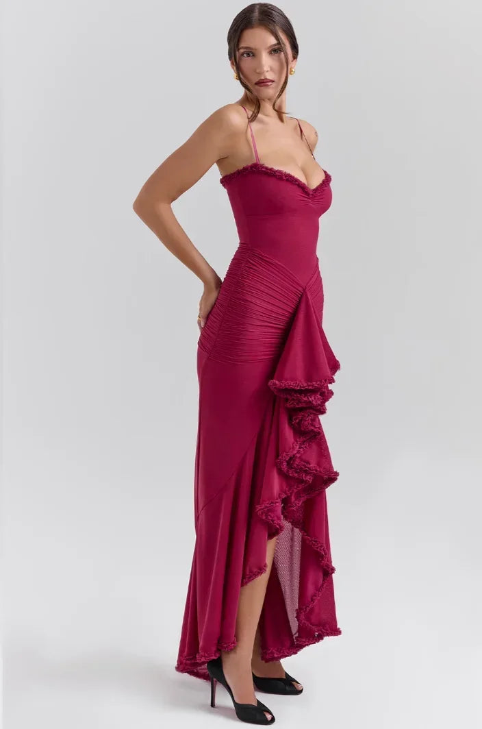 Robe Midi Ajustée Femme Volants Bretelles Fines Élégante | ROBEMODE