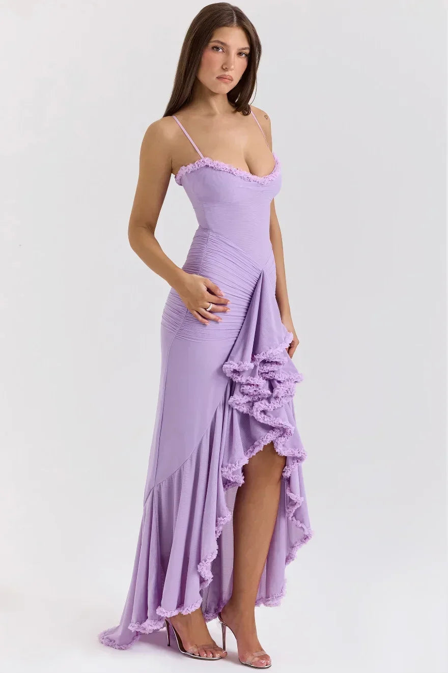 Robe Midi Ajustée Femme Volants Bretelles Fines Élégante | ROBEMODE