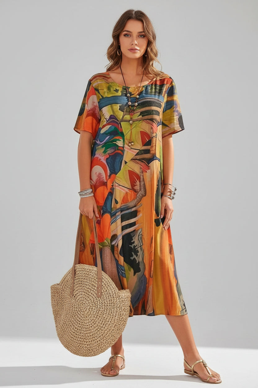 Robe Midi Ample Imprimé Manches Courtes Grande Taille S-5XL | ROBEMODE
