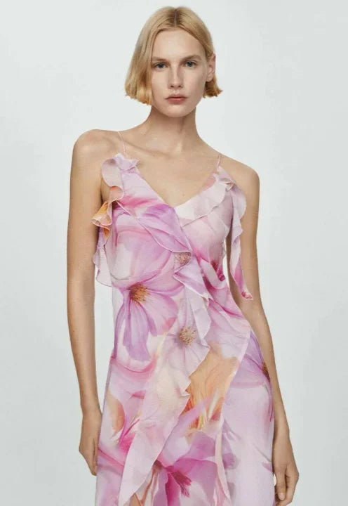 Robe Midi Femme Rose Florale Volants Bretelles Fines 1 Coloris | ROBEMODE