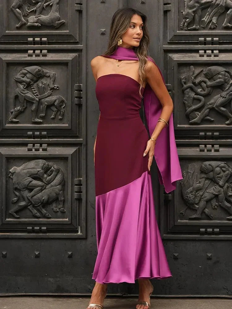 Robe midi asymétrique bordeaux col droit soirée | ROBEMODE
