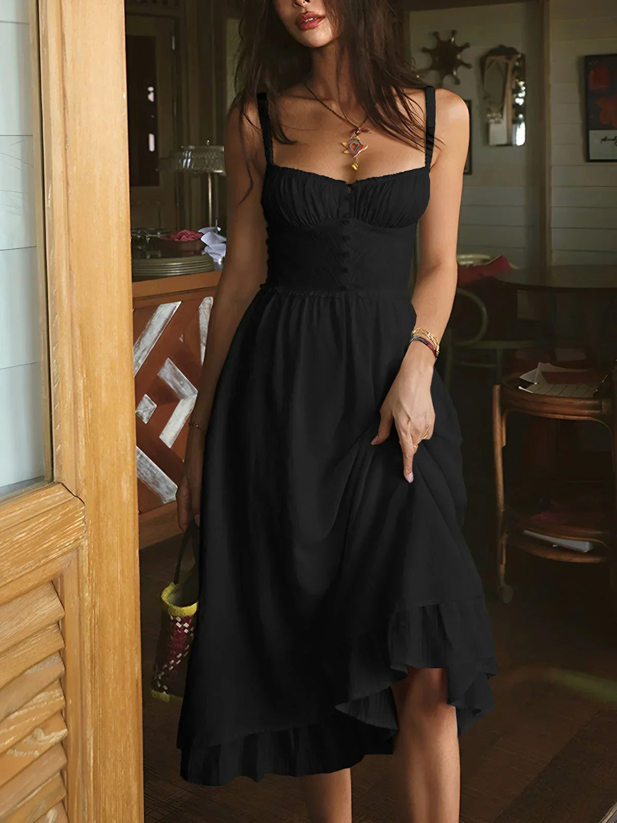 Robe Midi Volants Bretelles Fines Été 3 Coloris | ROBEMODE