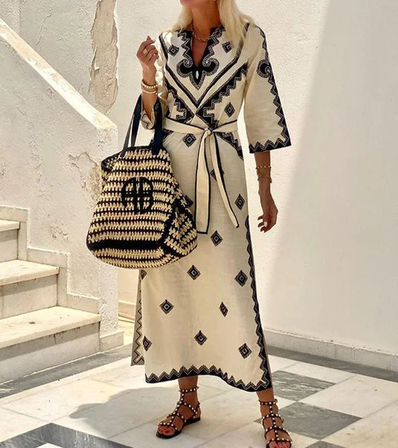 Robe midi femme motifs géométriques beige ceinture col V | Coupe féminine + Style élégant + Facile à accessoiriser – ROBEMODE