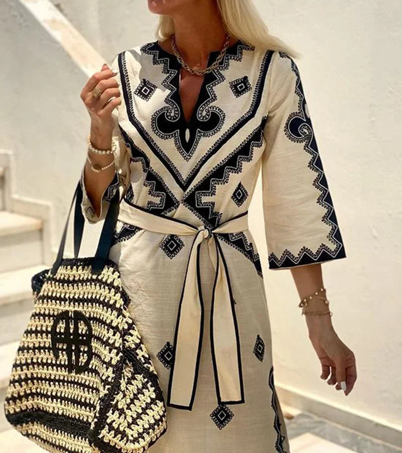 Robe midi femme motifs géométriques beige ceinture col V | Coupe féminine + Style élégant + Facile à accessoiriser – ROBEMODE
