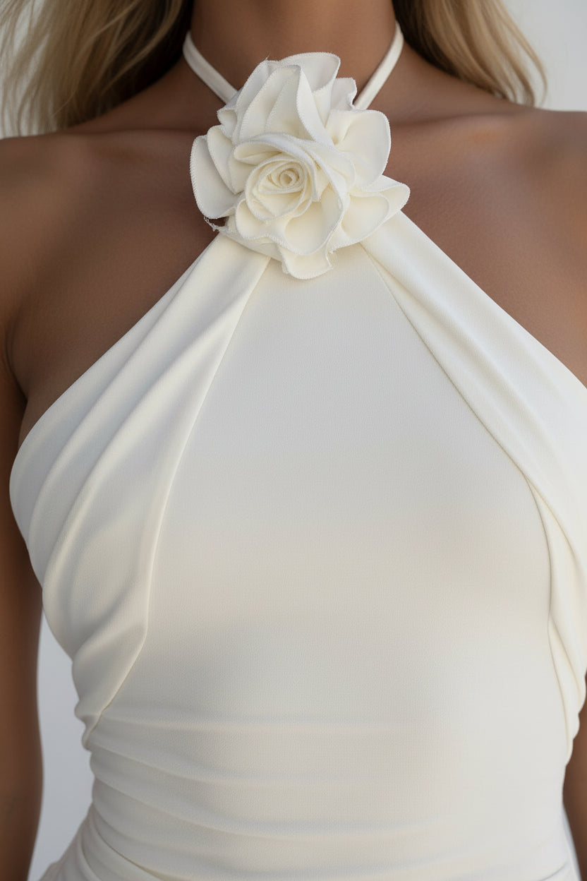 Robe midi blanche asymétrique col licou soirée volants | Coupe féminine + Style élégant + Facile à accessoiriser – ROBEMODE