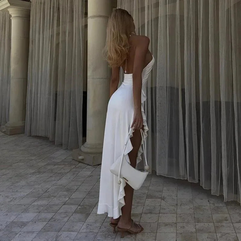 Robe midi blanche asymétrique col licou soirée volants | Coupe féminine + Style élégant + Facile à accessoiriser – ROBEMODE