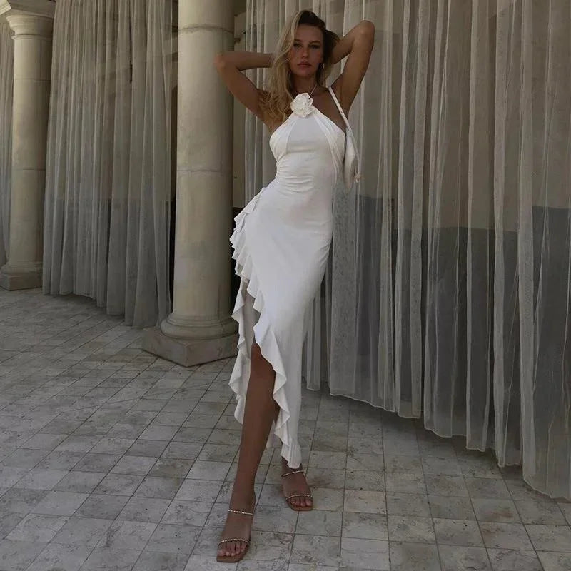 Robe midi blanche asymétrique col licou soirée volants | Coupe féminine + Style élégant + Facile à accessoiriser – ROBEMODE