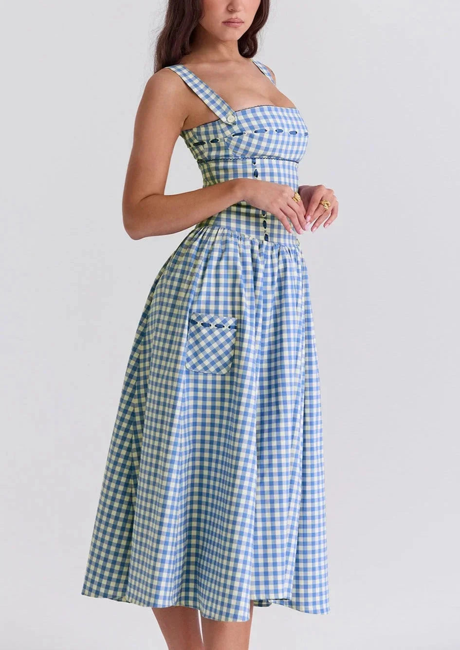 Robe Midi Carreaux Bleus Épaules Dénudées Été | ROBEMODE