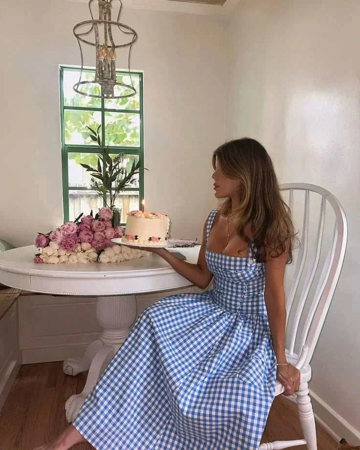 Robe Midi Carreaux Bleus Épaules Dénudées Été | ROBEMODE