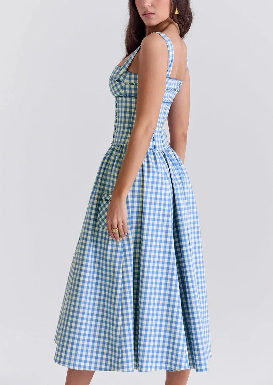 Robe Midi Carreaux Bleus Épaules Dénudées Été | ROBEMODE