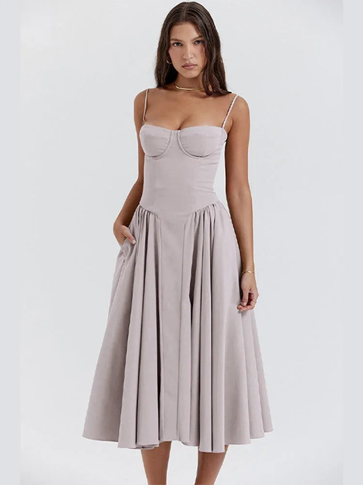 Robe Midi Évasée Bretelles Fines Poches 5 Coloris Femme | ROBEMODE