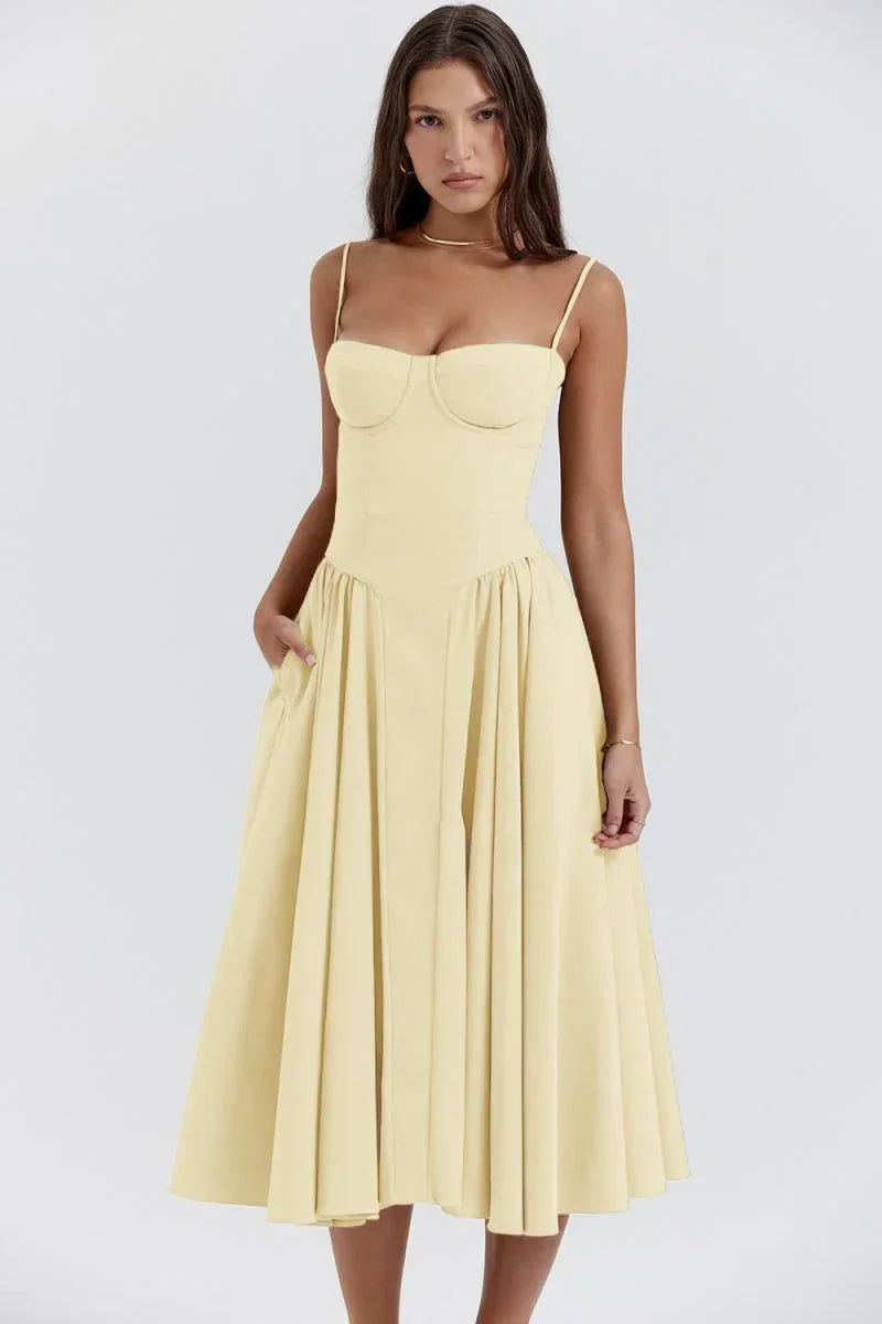 Robe midi femme évasée avec bretelles et poches