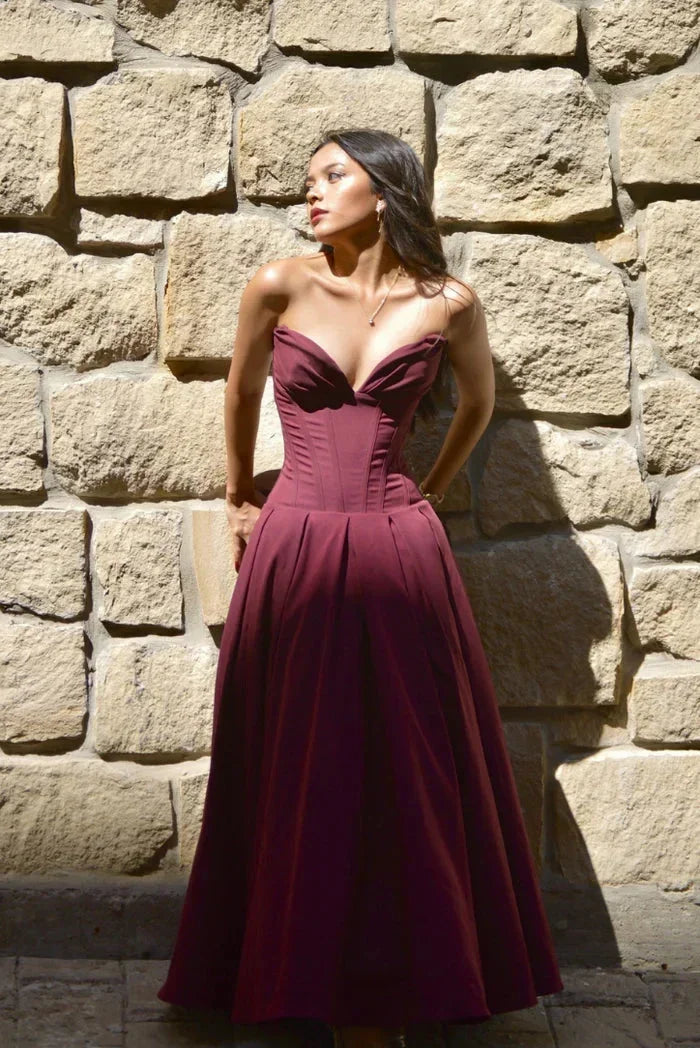 Robe midi bustier avec corset coupe évasée soirée | ROBEMODE