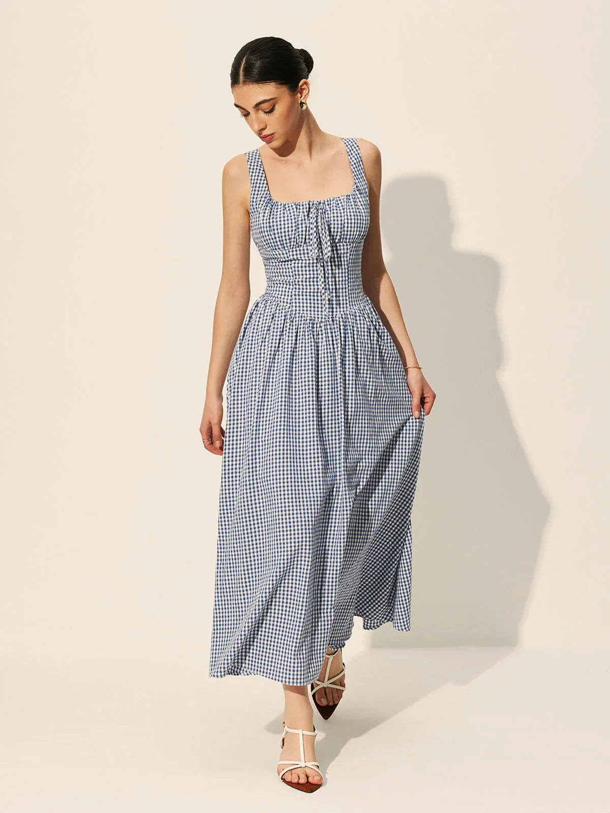 Robe midi carreaux bleu marine sans manches col carré | ROBEMODE
