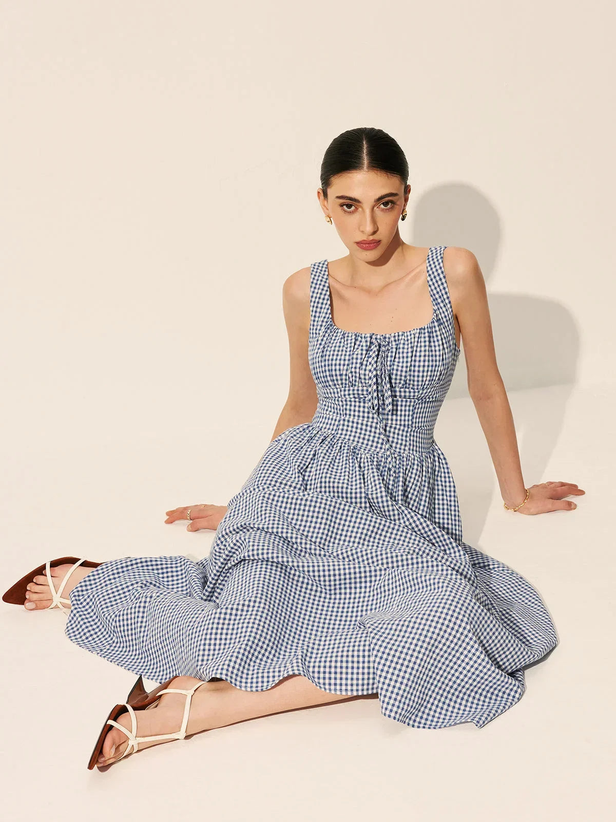 Robe midi carreaux bleu marine sans manches col carré | ROBEMODE