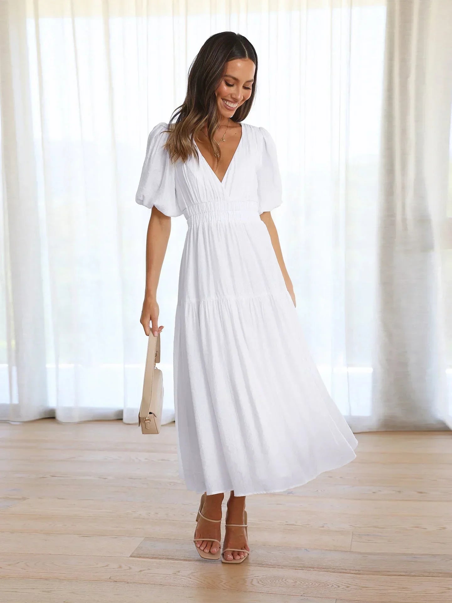 Robe midi femme avec col V et manches courtes