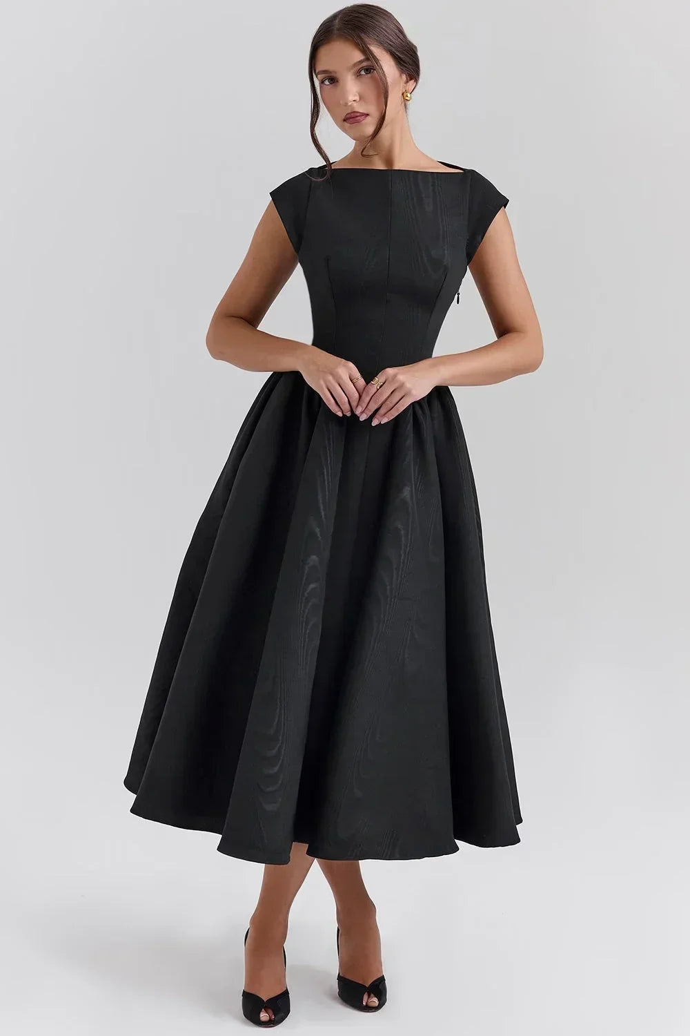 Robe midi ample manches courtes col rond soirée - Noir et Blanc