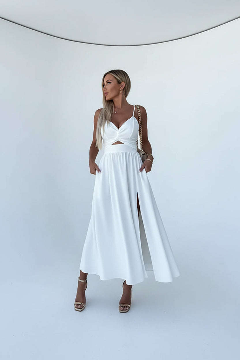 Robe Midi Croisée Bretelles Fente Frontale 1 Coloris | ROBEMODE