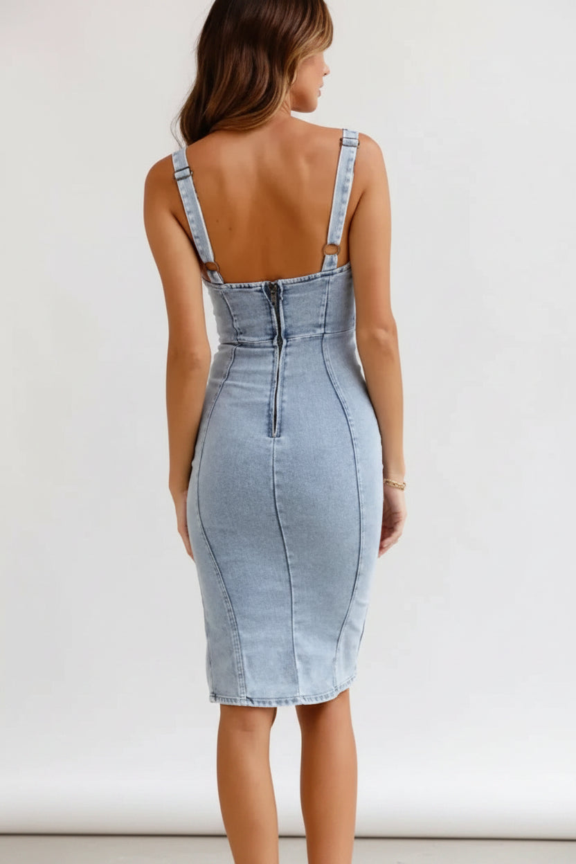 Robe midi femme en denim sans manches fendue | ROBEMODE