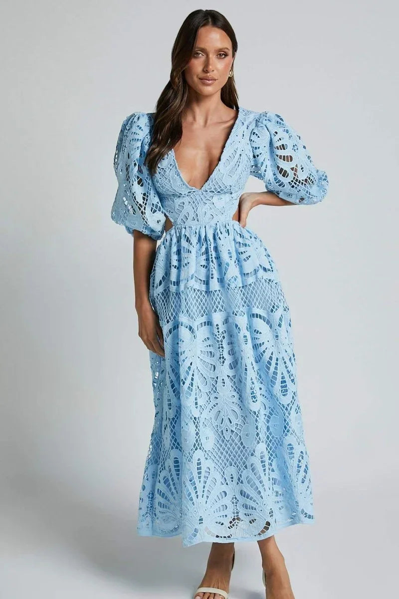 Robe midi dentelle col V manches bouffantes pour événement été | Coupe féminine + Style élégant + Facile à accessoiriser – ROBEMODE