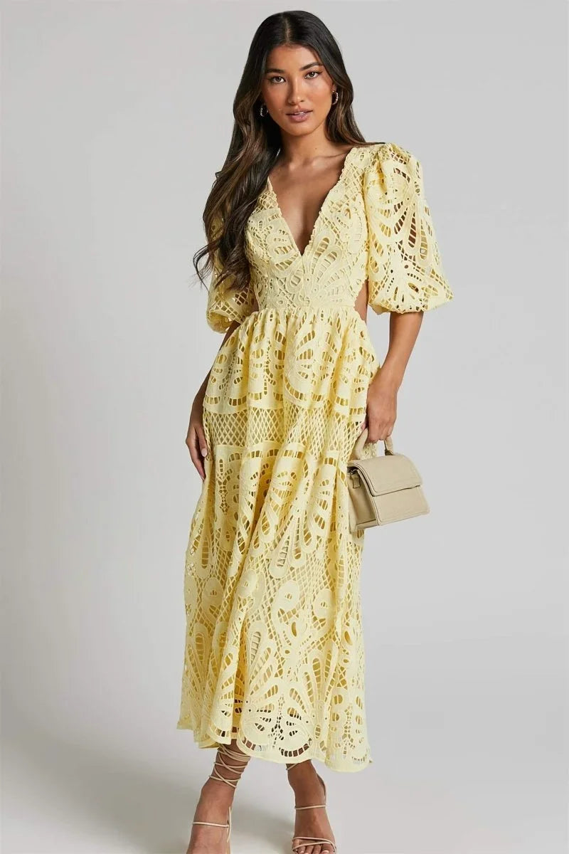 Robe midi dentelle col V manches bouffantes pour événement été | Coupe féminine + Style élégant + Facile à accessoiriser – ROBEMODE