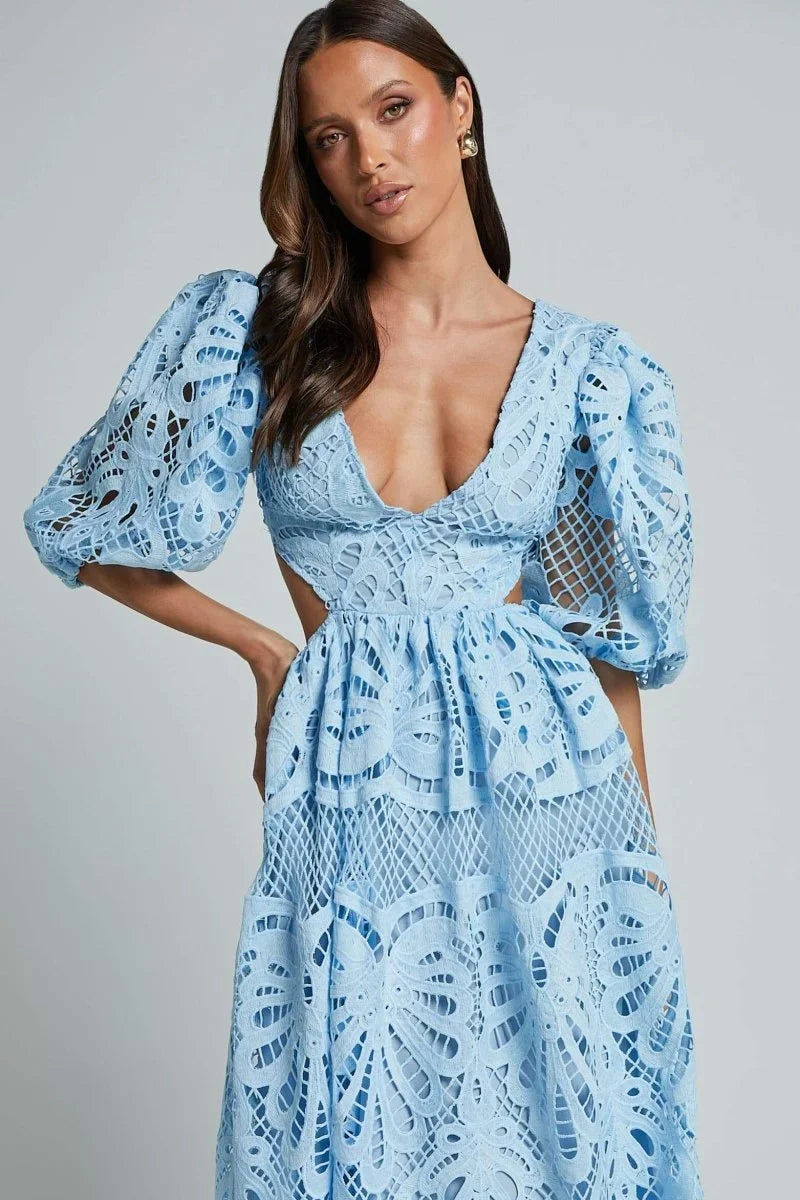 Robe midi dentelle col V manches bouffantes pour événement été | Coupe féminine + Style élégant + Facile à accessoiriser – ROBEMODE