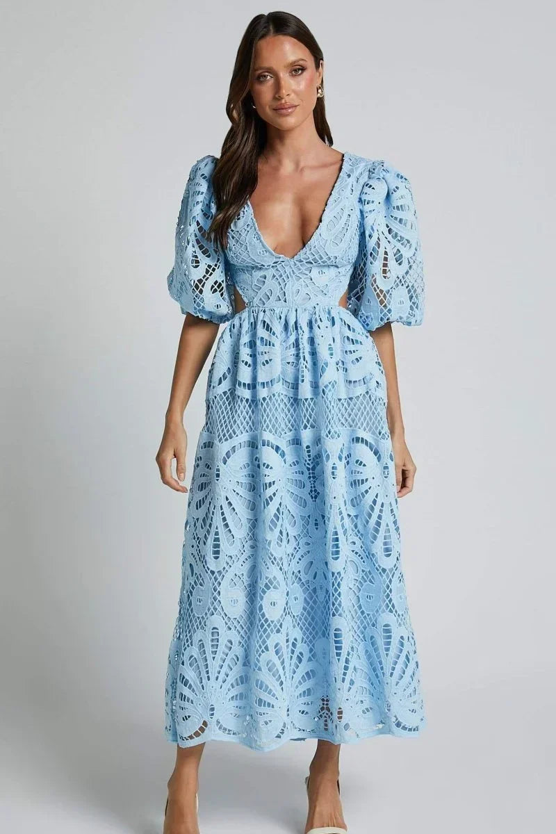 Robe midi dentelle col V manches bouffantes pour événement été | Coupe féminine + Style élégant + Facile à accessoiriser – ROBEMODE