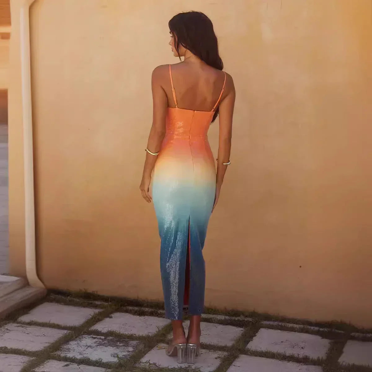 Robe midi dégradée orange bleue avec étoile mer | Coupe féminine + Style élégant + Facile à accessoiriser – ROBEMODE