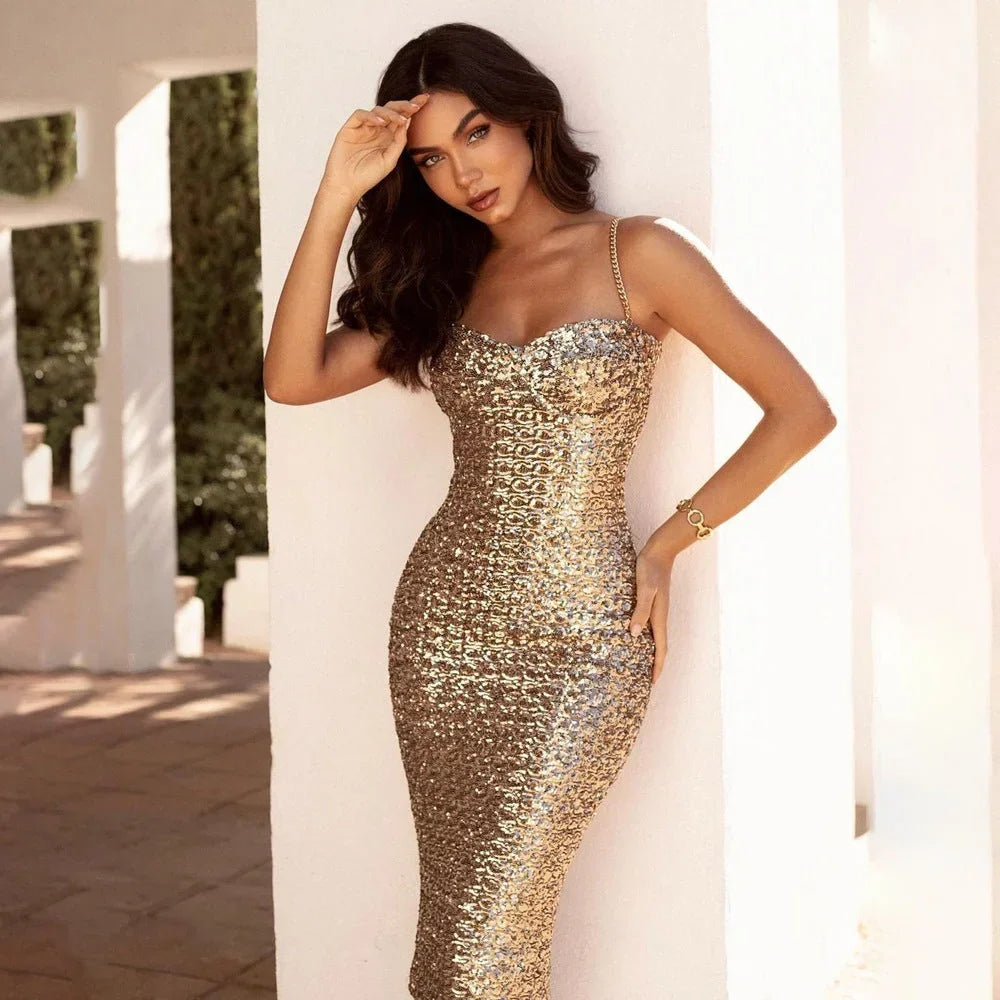 Robe Midi Dorée Sequins Bretelles Fines Soirée | ROBEMODE