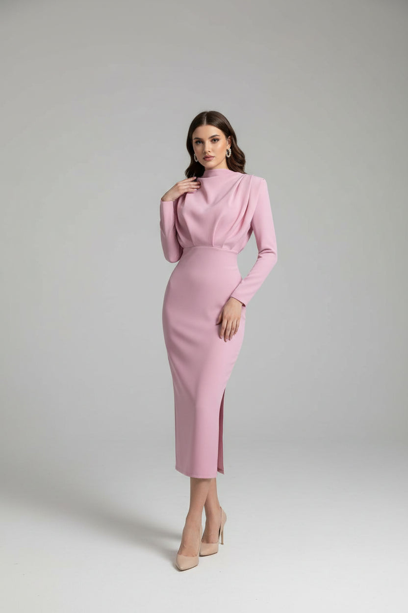 Robe midi drapée col roulé manches longues femme | ROBEMODE