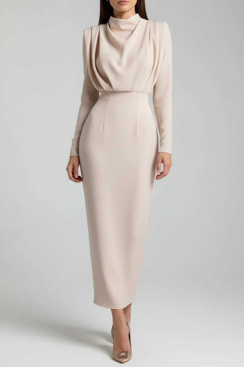 Robe midi drapée col roulé manches longues femme | ROBEMODE