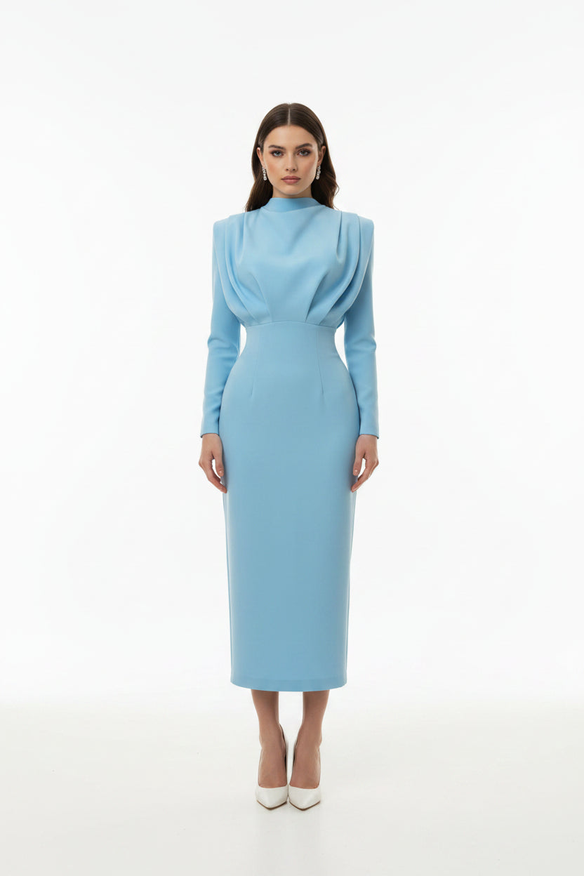Robe midi drapée col roulé manches longues femme | ROBEMODE