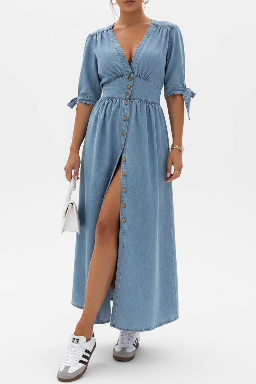 Robe Longue Denim Bleu Col V Boutons Manches à Nouer | ROBEMODE