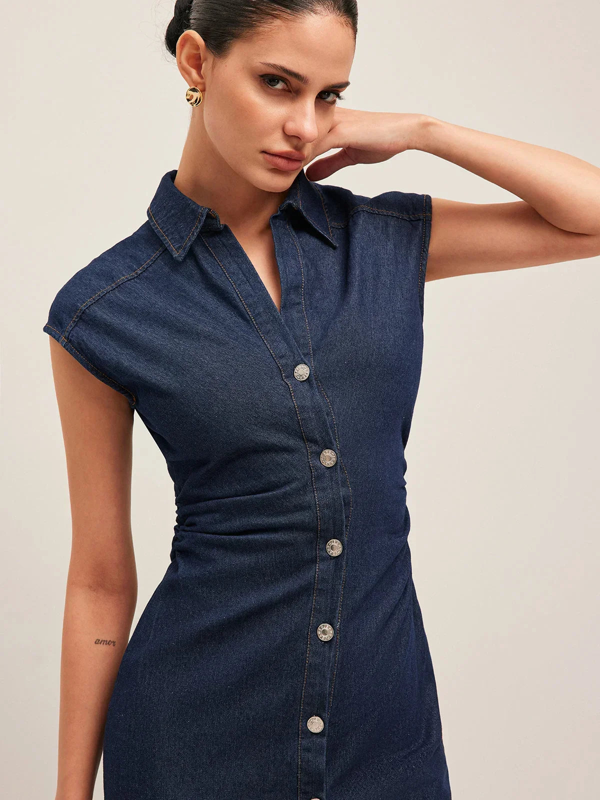 Robe Midi Jean Femme Bleu Foncé Boutonnée Col V Sans Manches Bureau | ROBEMODE